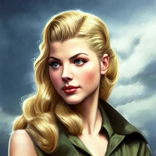 Image similar to A combination of Katheryn Winnick's and Grace Kelly's and Victoria Justice's appearances as a WW2 soldier, full body portrait, western, D&D, fantasy, intricate, elegant, highly detailed, digital painting, artstation, concept art, matte, sharp focus, illustration, art by Artgerm and Greg Rutkowski and Alphonse Mucha