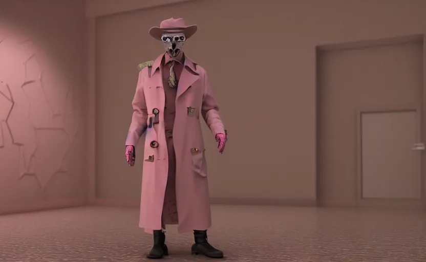 Image similar to a creepy slimy pink ocelot that looks like an investigator, wearing a long beige trench coat, CGI, octane render, trending on artstation, 8K