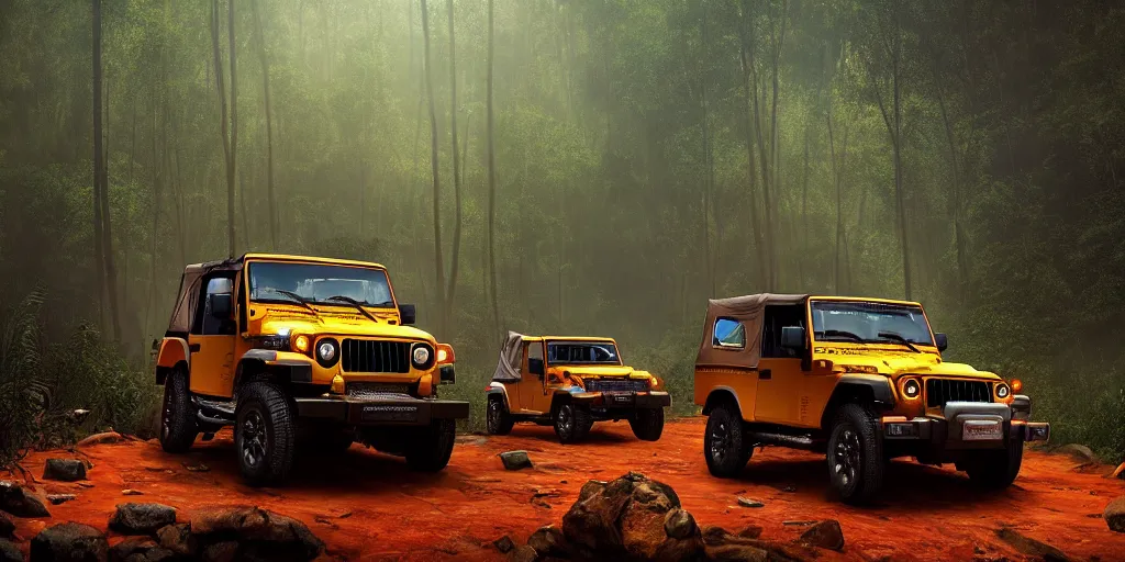 Image similar to Mahindra thar, in kerala forest, tigers and lions chasing, action scene, an epic fantasy, dramatic lighting, cinematic, establishing shot, extremely high detail, photorealistic, cinematic lighting, matte painting, artstation, by simon stalenhag, horizon forbideen west