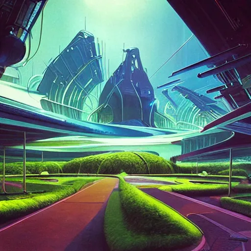 Image similar to beautiful matte painting album cover art of green gardens with roads on a futuristic sci-fi space station, cinematic angle, cinematic lighting, blue sky, by Syd Mead, John Harris, Federico Pelat