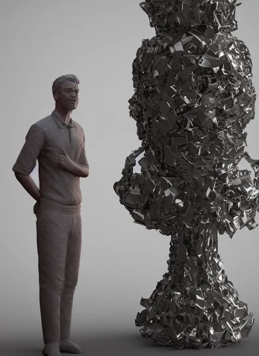 Image similar to a sculpture of a man standing next to a tall vase, a raytraced image by Hikari Shimoda, polycount, video art, vray tracing, ray tracing, rendered in unreal engine