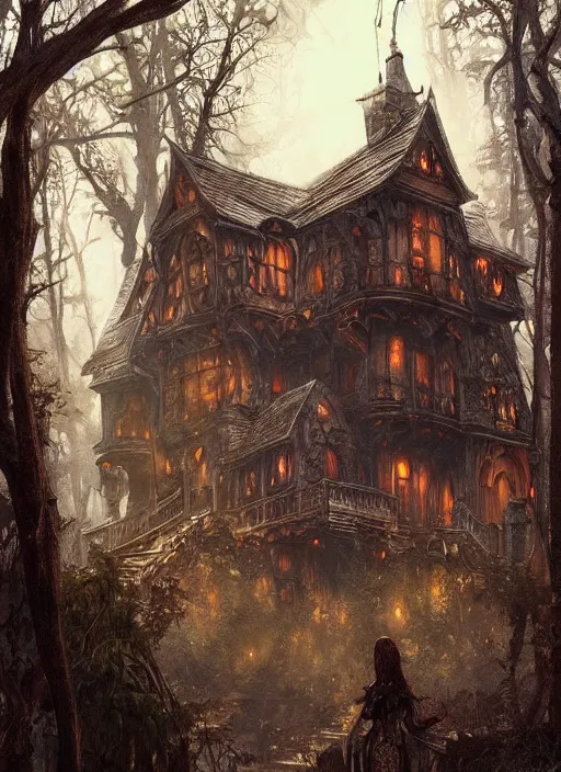 Image similar to haunted house in the middle of the woods, d & d, fantasy, intricate, elegant, highly detailed, digital painting, artstation, concept art, matte, sharp focus, illustration, hearthstone, art by artgerm, art by greg rutkowski, art by alphonse mucha