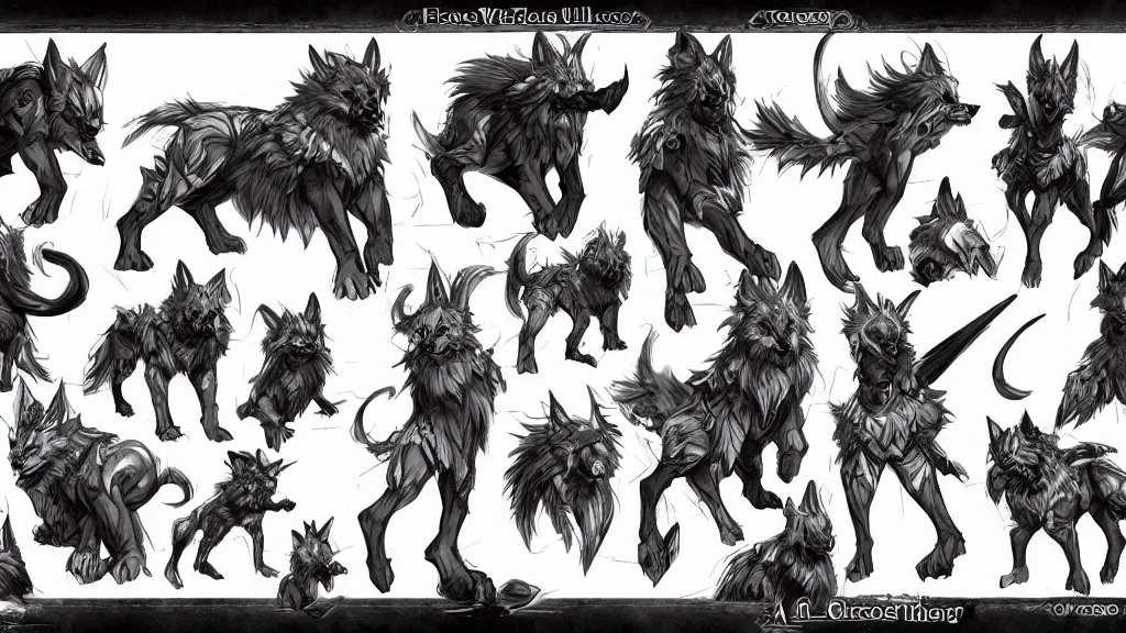 Image similar to a fantasy worg character mount design sheet, trending on artstation