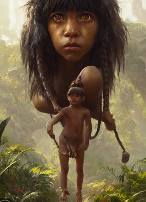 Image similar to highly detailed portrait of mowgli, unreal engine, fantasy art by greg rutkowski
