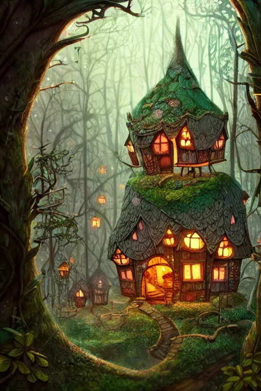 Prompt: a storybook illustration of a ramshackle multistory fairytale hut in the forest, intricate, elegant, fantasy, highly detailed, digital painting, concept art, sharp focus, artstation, in the style of a Wes Anderson movie