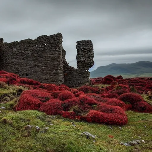 Image similar to the ruins of a giant village made out of stone bricks and overgrown with red moss, in a landscape with hills and swirling trees, and giant black crimson mountains on the horizon, gloomy