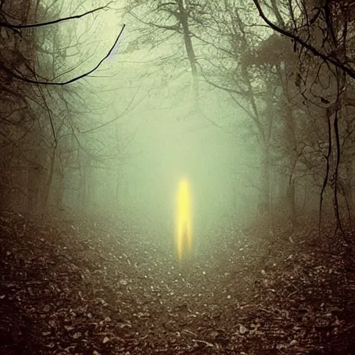 Image similar to old photograph of an alien walking through an eerie forest