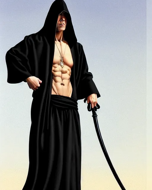 Image similar to standing monk in black hooded robe White-long-hair, muscular elegant. Shiny silver Scythe on his back. Perfect face, fine details. by Ilya Kuvshinov katsuhiro otomo ghost-in-the-shell, magali villeneuve, artgerm, rutkowski, WLOP Jeremy Lipkin and Giuseppe Dangelico Pino and Michael Garmash and Rob Rey