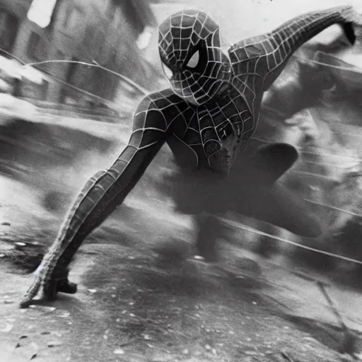 Image similar to world war II photograph of spider-man fighting on the front lines