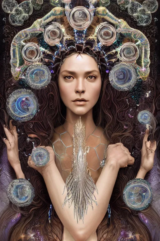 Image similar to a centered render of an mystical wild goddess with wearing ornate silver and gemstones and crystal clothing surrounded by flowing liquid gallium jellyfish and sacred geometry, perfect body and face, gorgeous, cinematic, beautifully lit, by artgerm, by karol bak, by donato giancola, 3 d, trending on artstation, octane render, 8 k