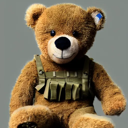 Image similar to a realistic photo shoot of a teddy bear marine soldier 4 k