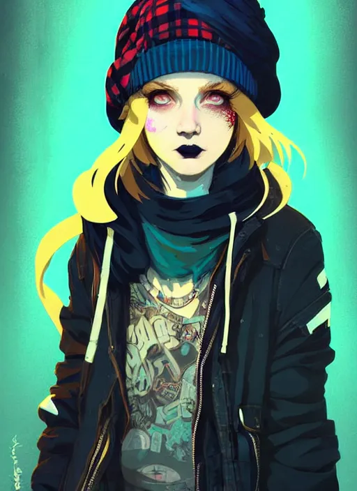 Image similar to highly detailed portrait of a sewer punk lady student, blue eyes, tartan hoody, hat, white hair by atey ghailan, by greg rutkowski, by greg tocchini, by james gilleard, by joe fenton, by kaethe butcher, gradient yellow, black, brown and cyan color scheme, grunge aesthetic!!! ( ( graffiti tag wall background ) )