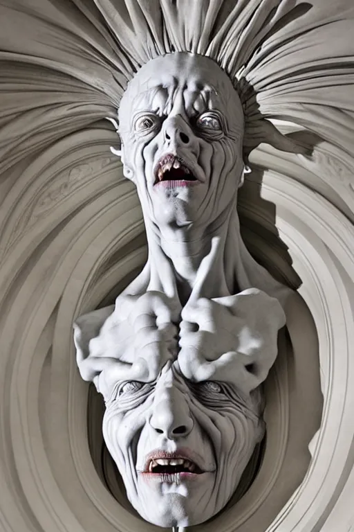 Prompt: Epic view of intricate Veiled Clown with twisted neck statue sculpted on white marble by Antonio Corradini, Wayne Barlowe and Artem Demura