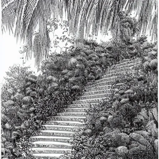 Image similar to old white house stairs into colorful lush garden, drawing moebius