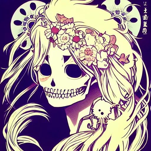 Image similar to anime manga skull portrait happy girl face skeleton illustration style by Alphonse Mucha and Takashi Murakami pop art nouveau