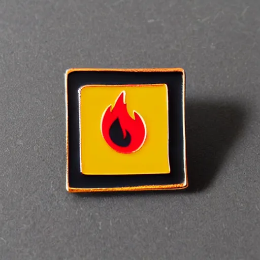 Image similar to a square enamel pin of a retro 1 9 8 0 s minimalistic flame fire warning label, smooth curves