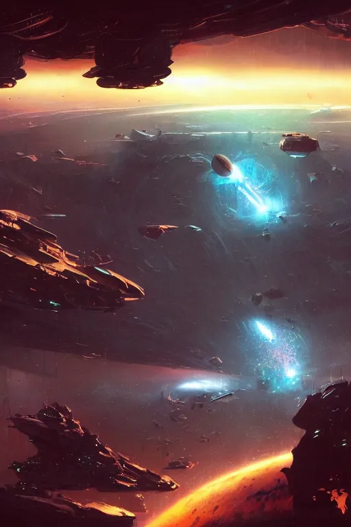 Prompt: Wide shot of a spaceship battle, explosions and lasers. Asteroid belt. Scenic view, in the void of space, underexposed, matte painting by Craig mullins and Emmanuel_Shiu and john berkey, cinematic, dark sci-fi, concept art trending on artstation, 4k, insane details, ultra realistic