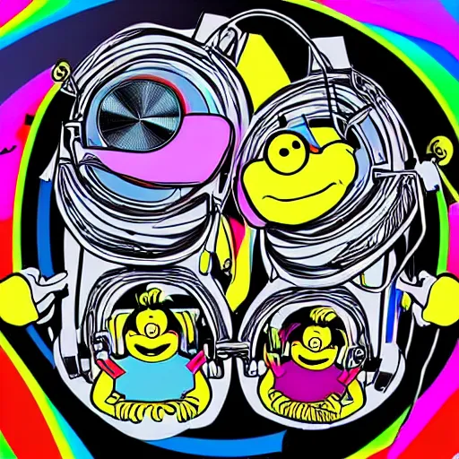 Image similar to svg sticker of a Pop-Wonder Bert&Ernie, Sesame-Street, at a rave, spinning records, giant headphones rocking out, wearing headphones, huge speakers, dancing, rave, DJ, spinning records, digital art, amazing composition, rule-of-thirds, award-winning, trending on artstation, featured on deviantart