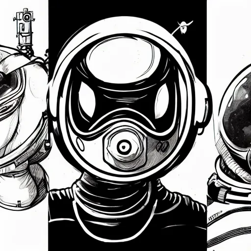 Prompt: character concept art, stylized art, astronaut, sci - fi!!!!, pen and ink illustration, mike mignola, trending on artstation