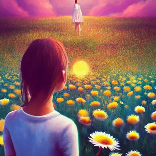 Prompt: head made of giant daisies, girl standing barefoot in a flower field, arms behind back, surreal photography, sunrise dramatic light, impressionist painting, colorful clouds, large sky, digital painting, artstation, simon stalenhag, flower face