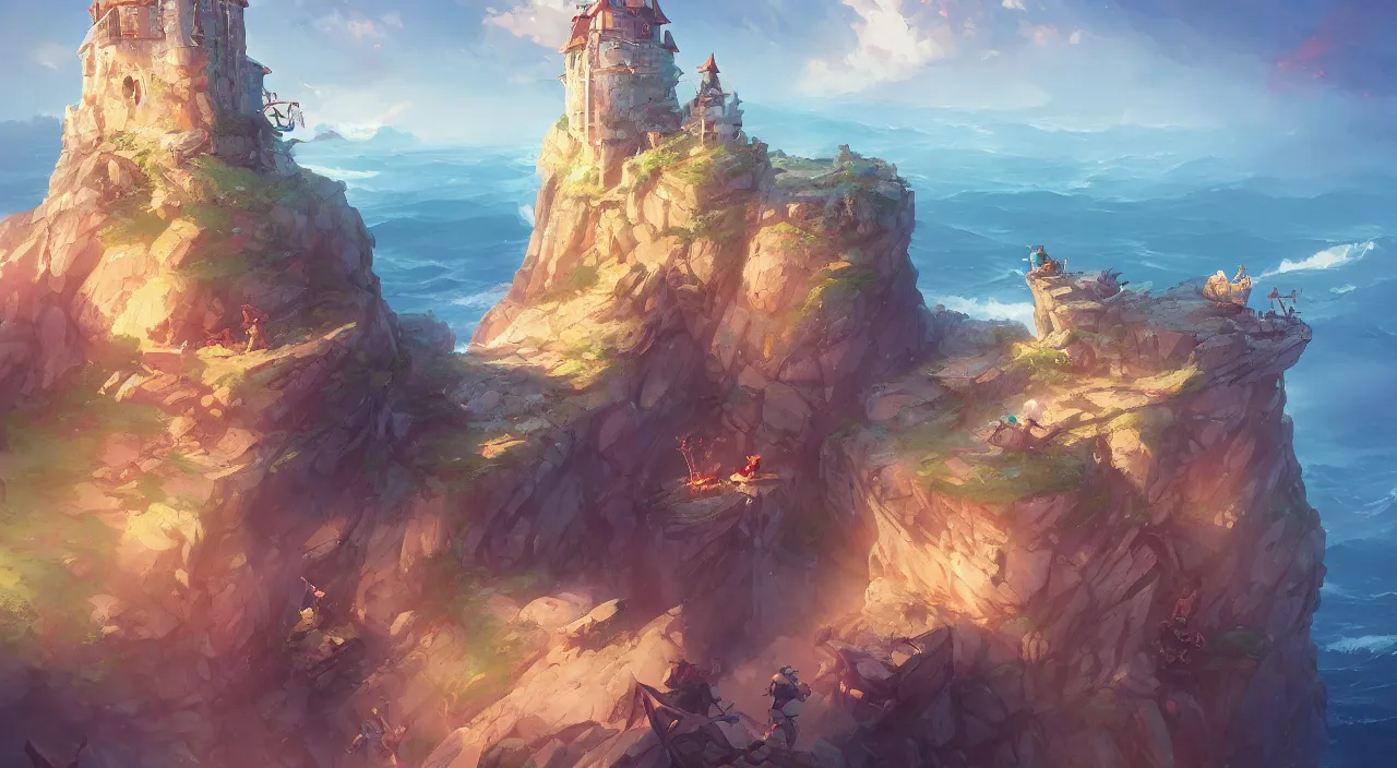 Image similar to castle on top of cliff over stormy seas, heartstone official fanart behance hd by Jesper Ejsing, by RHADS, Makoto Shinkai and Lois van baarle, ilya kuvshinov, rossdraws global illumination