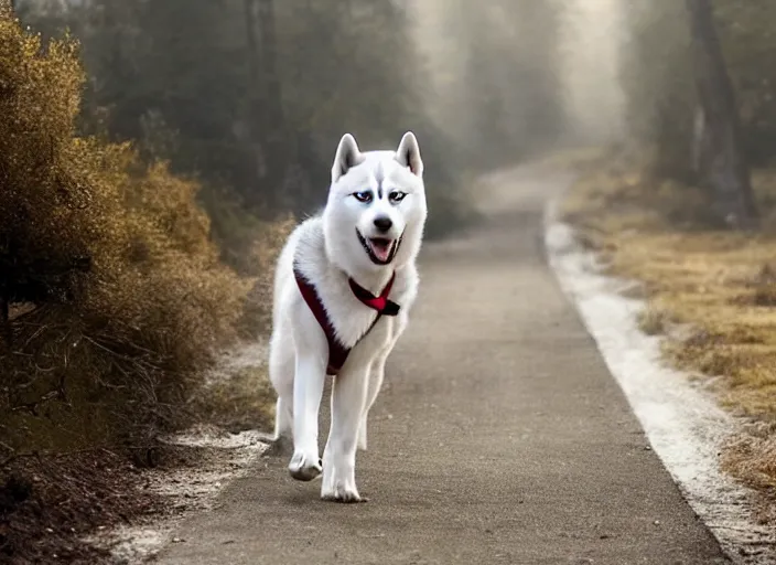 Image similar to film still of an anthropomorphic white vested husky!!!!!! in a white vest wearing a white vest!!!!! in the new sci - fi movie, 8 k