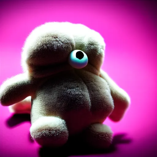 Image similar to lomography long shot of cute plush fluffy chthonic monster made to look like a baby, bokeh background, lsd colors