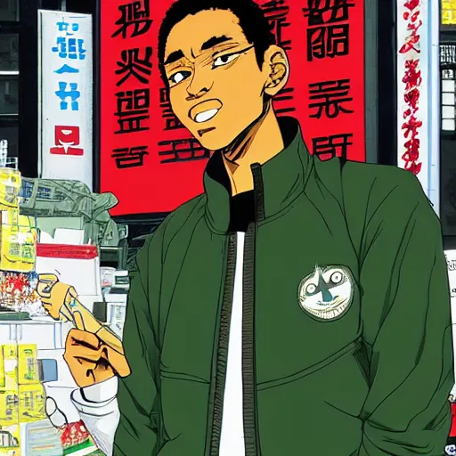 Image similar to black man with afro hair, stubble, wearing an adidas army green jacket, in the streets of tokyo, akira style, by katsuhiro otomo, anime