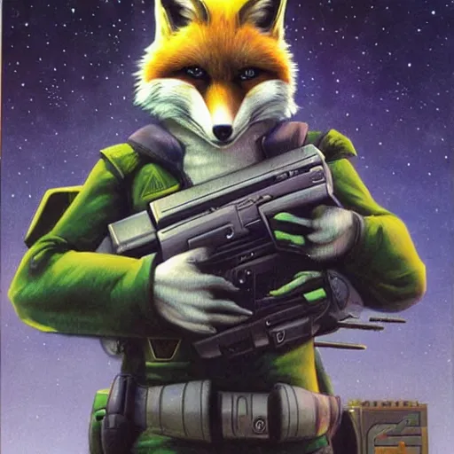 Image similar to a portrait of fox mccloud holding a blaster, suspenseful, heroic, anthropomorphic furry art, star fox, by jim burns, vincent di fate, and peter elson