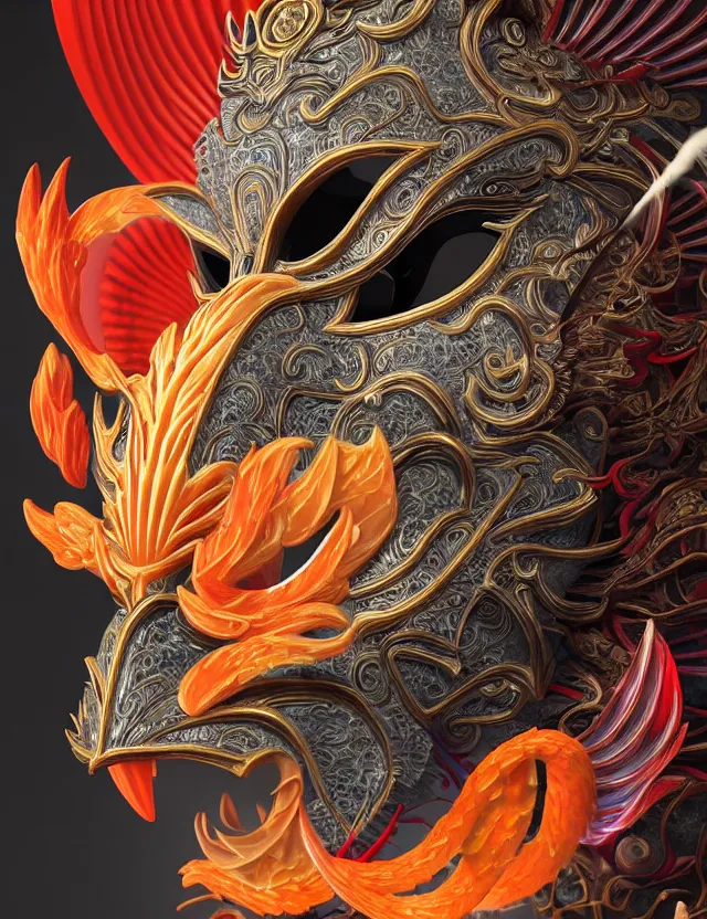 Image similar to 3 d demon in venetian mask close - up profile portrait. beautiful intricately detailed japanese crow kitsune mask and clasical japanese kimono. betta fish, jellyfish phoenix, bio luminescent, plasma, ice, water, wind, creature, artwork by tooth wu and wlop and beeple and greg rutkowski