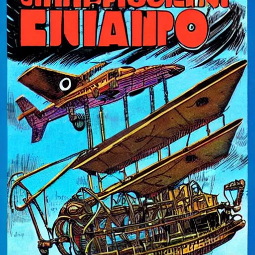 Image similar to steampunk flying air-ship conceot art, design art by Dave Gibbons, Jack Kirby, Will Eisner