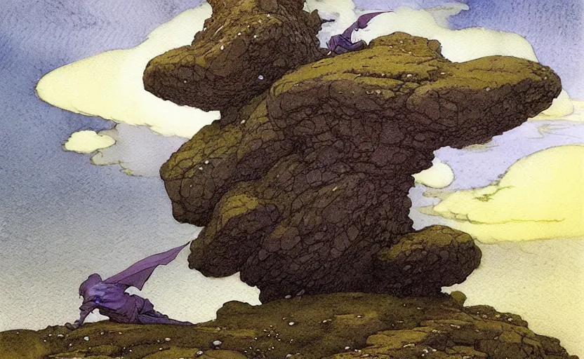 Prompt: a hyperrealist watercolour concept art of a flying rock. it is a misty night on the moors of ireland. by rebecca guay, michael kaluta, charles vess and jean moebius giraud