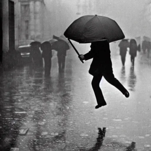 Image similar to the man leaping with an umbrella in a raining paris street, by henri cartier bresson,