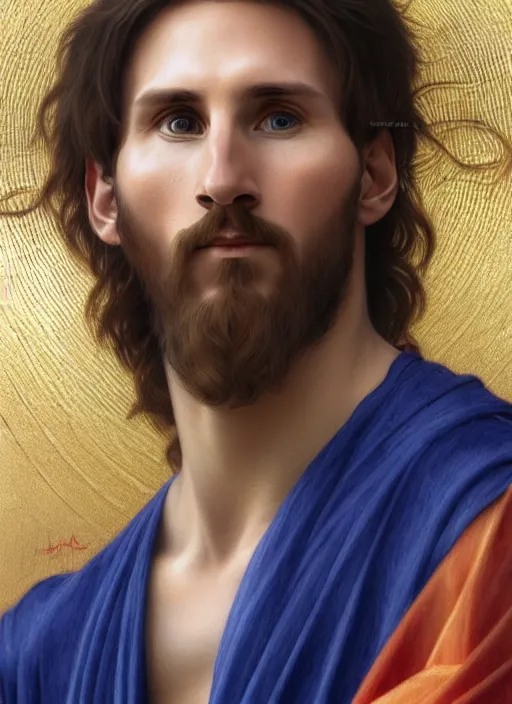 Prompt: portrait lionel messi as jesus, blue eyes, full length shot, shining, 8 k highly detailed, sharp focus, illustration, art by artgerm, mucha, bouguereau