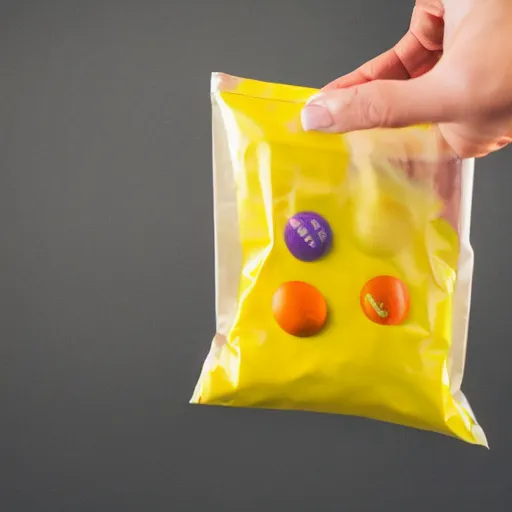 Image similar to yellow m & m holding bag of white powder