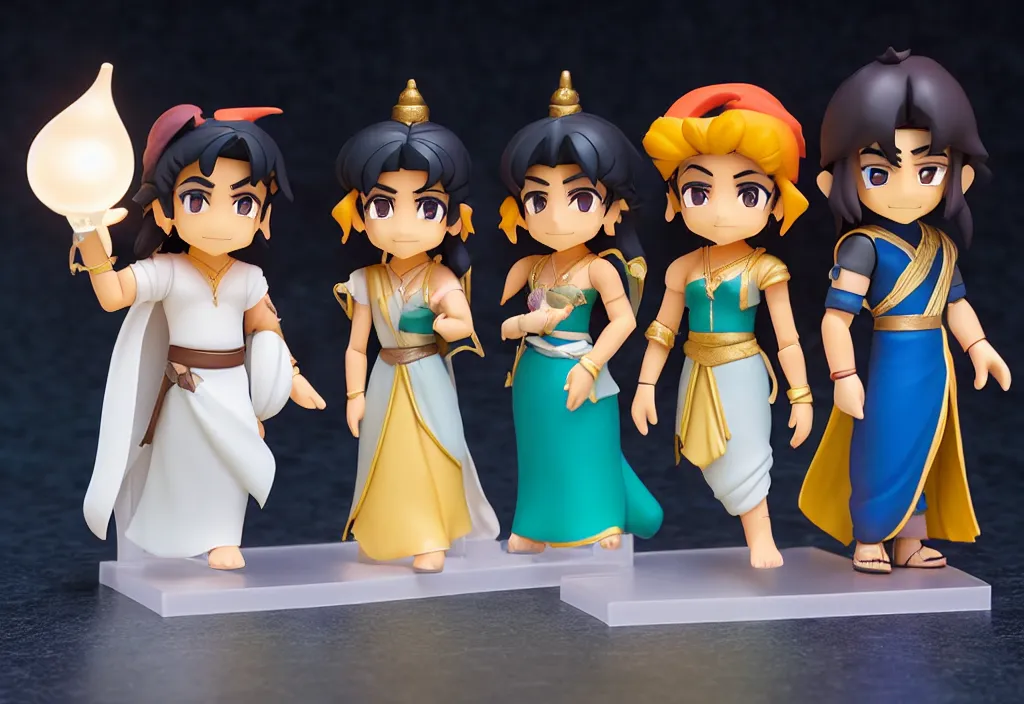 Image similar to side view of young aladdin, jaffar the sorcerer, jasmine the princess, and the genious of the lamp as nendoroid, 8 k hd dof, kodak film,