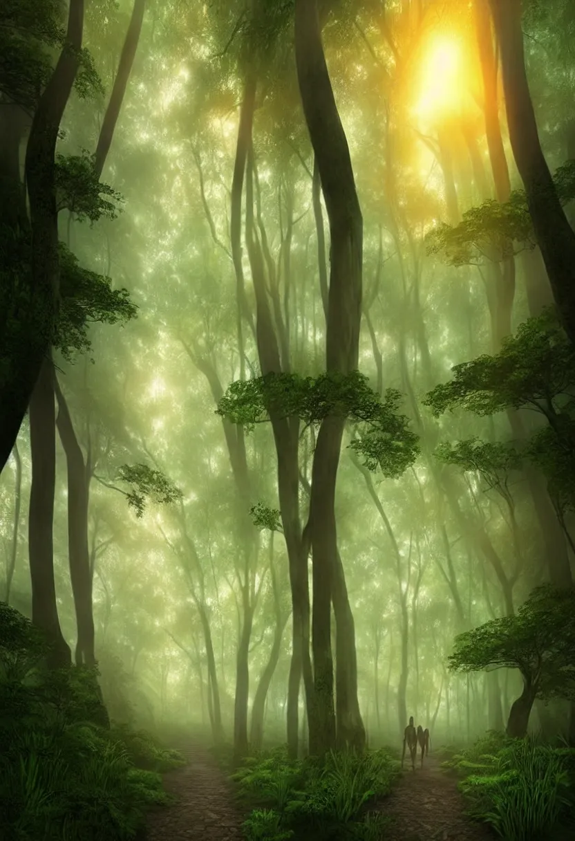 Prompt: backlit path in the middle of a lush green forest at sunset, fog, matte painting, mysticalultra high definition, ultra detailed, symmetry, fog, matte painting, by greg rutkowski and ross tran and wlop