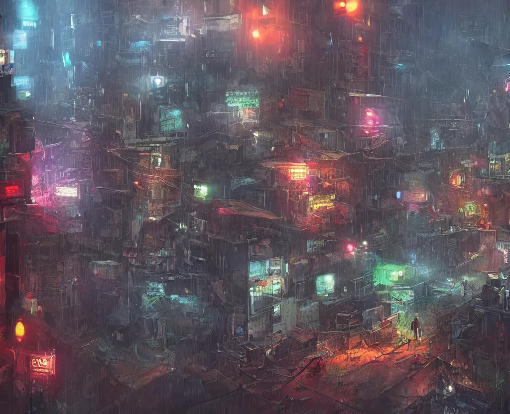 Image similar to the city of kathmandu in a dystopian future, rainfall, night, neon lights, concept art, highly detailed, cinematic, from far away