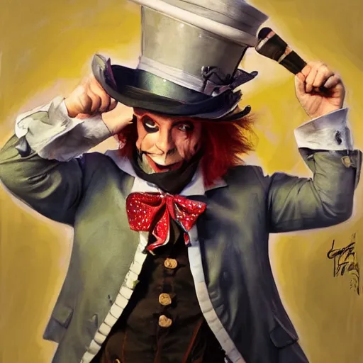 Image similar to greg manchess portrait painting of partially armored mad hatter from alice in wonderland as overwatch character, wacky, medium shot, asymmetrical, profile picture, organic painting, sunny day, matte painting, bold shapes, hard edges, street art, trending on artstation, by huang guangjian and gil elvgren and jesper ejsing