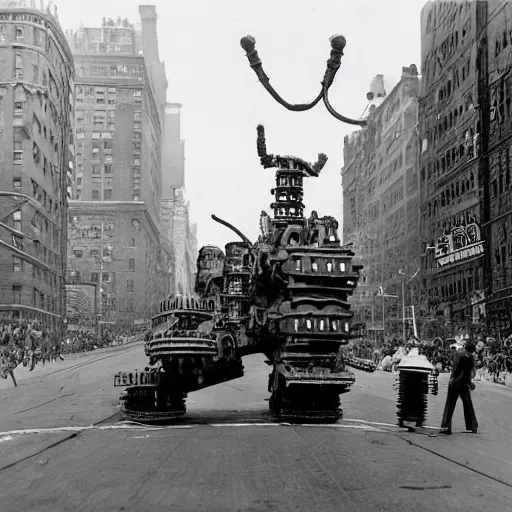 Prompt: old black and white photo, 1 9 1 3, depicting a giant biomechanical alien monster kaiju robot fighting tanks through the bustling streets of new york city, historical record