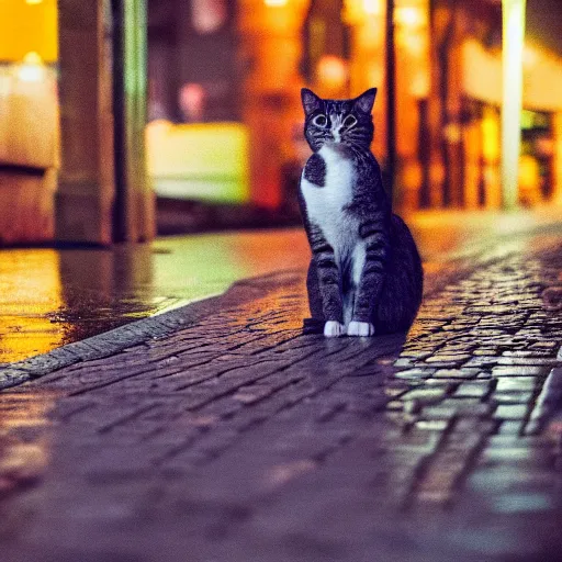 Image similar to Cat sitting on wet street corner, night, high detail, 4k