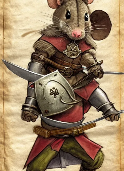 Image similar to a heroic mouse knight with sword and shield on a parchment background, redwall, greg rutowski and jean baptiste monge, detailed, epic fantasy concept art