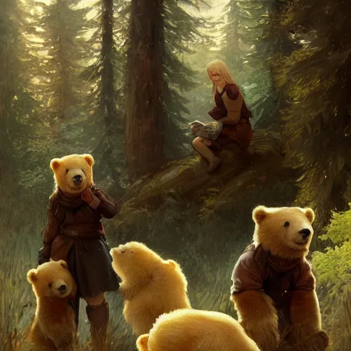 Prompt: close scene of a blond girl and the three bears are outside the bears house in the forest, artstation, concept art, smooth, sharp focus, illustration, art by greg mullens and greg rutkowski and alphonse mucha