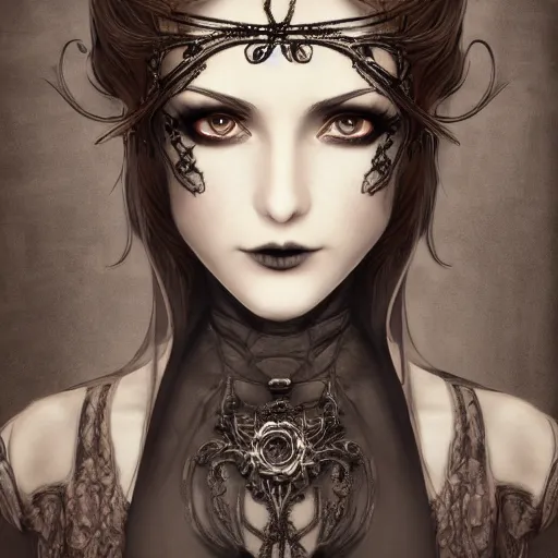 Image similar to full length portrait of a woman with timeless beauty & breathtaking eyes dressed in gothic attire, intricate, elegant, DSLR 8K, biblical art, realism, incomprehensible detail, final fantasy & silent hill aesthetic, photorealistic, lifelike, created by Razaras on deviantart