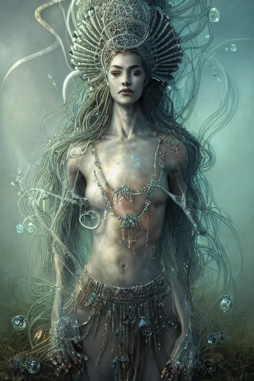Image similar to a centered render of a wild post apocalyptic goddess with wearing ornate silver and gemstones and crystal clothing surrounded by flowing liquid gallium jellyfish and sacred geometry, perfect body and face, gorgeous, cinematic, beautifully lit, by tomasz alen kopera and peter mohrbacher and craig mullins, 3 d, trending on artstation, octane render, 8 k