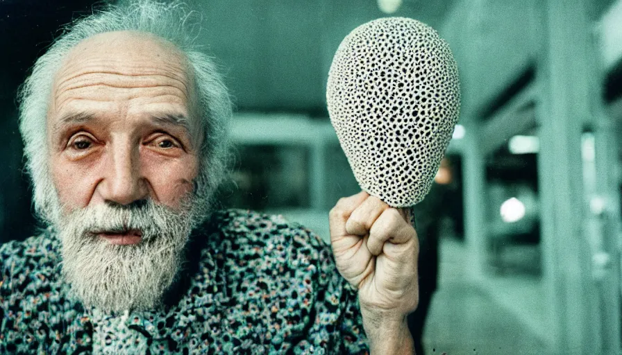 Image similar to 7 0 s movie still of a old man with trypophobia head, cinestill 8 0 0 t 3 5 mm, heavy grain, high quality, high detail