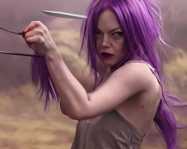 Image similar to purple-haired Emma Stone, epic knife battle pose, cinematic, 4k, hyper realistic, super detailed