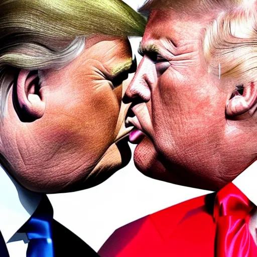 Image similar to putin kissing trump, hyper realistic, highly detailed, depth of field.