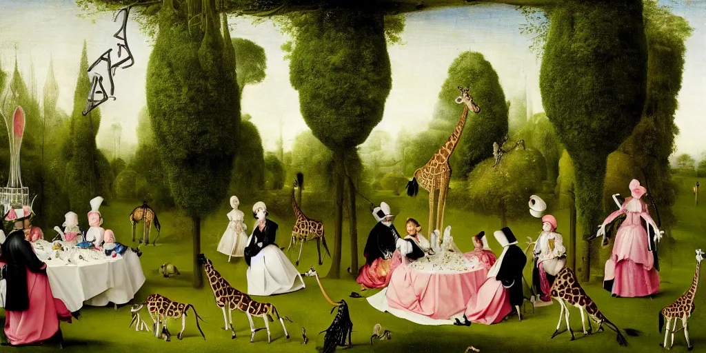 Image similar to elegant victorian tea party with giraffes in a topiary english garden, hyper realistic hieronymus bosch - h 7 6 8