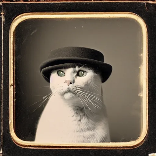 Prompt: ambrotype of a cat wearing a hat.